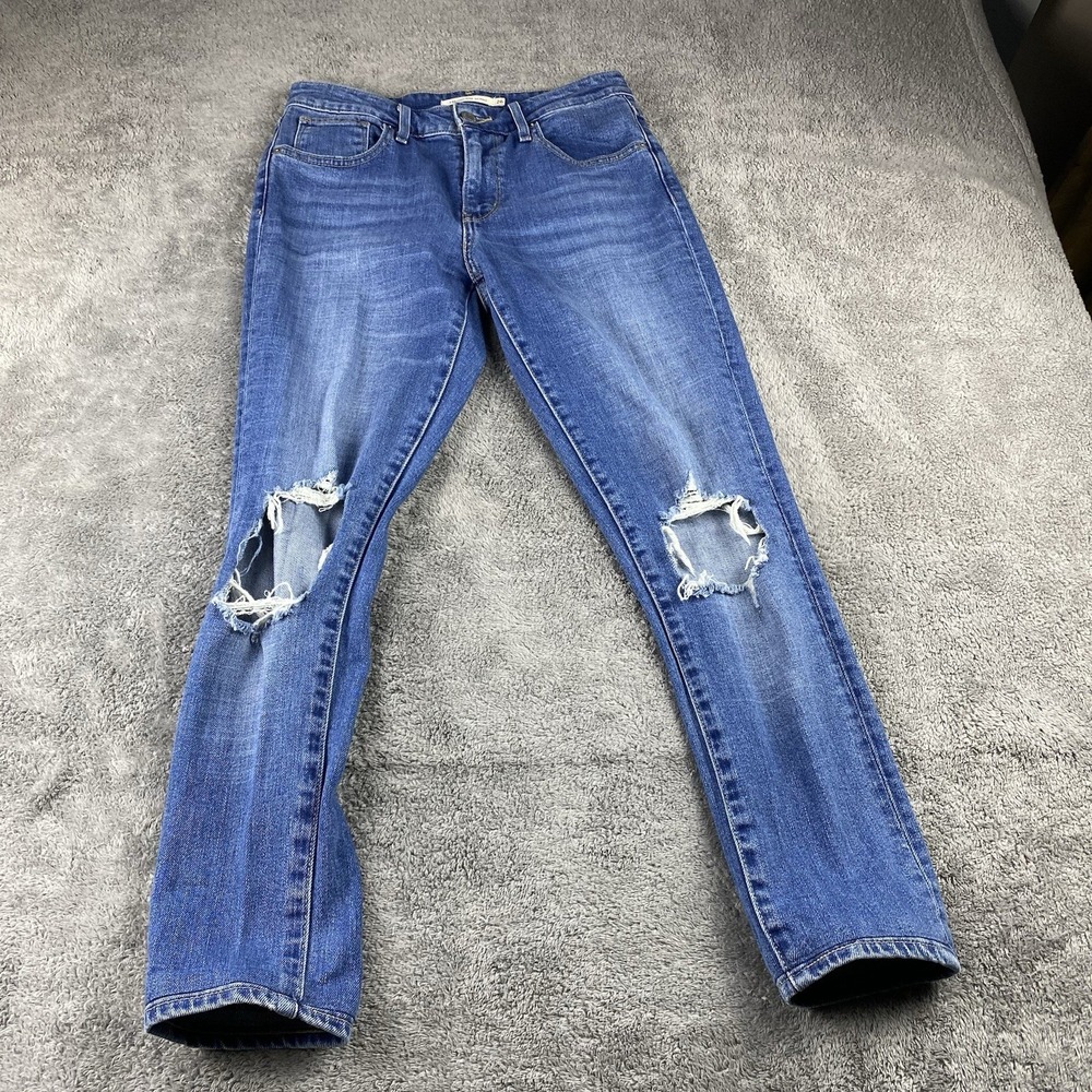 Levis 721 High Rise Skinny Jeans Womens 26 Blue Medium Wash Mid Rise Distressed